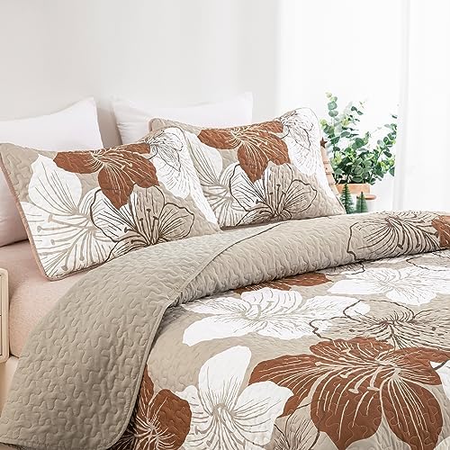 DJY 3 Piece King Taupe Floral Quilt Set