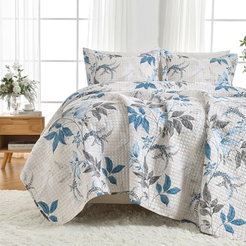 HollyHOME 3-Piece Quilt Set with Teal Gray Leaves Design