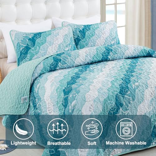 Dinjoy Coastal Blue Green King Size Quilt Set