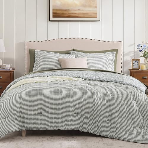 BLOOMHAVEN Full Comforter Set 7 Pieces Green Gauze Muslin Bedding
