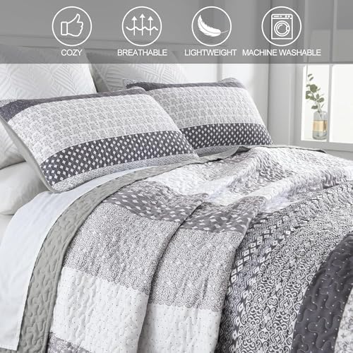 WONGS BEDDING Grey Bohemian Quilt Set King Size 3 Piece