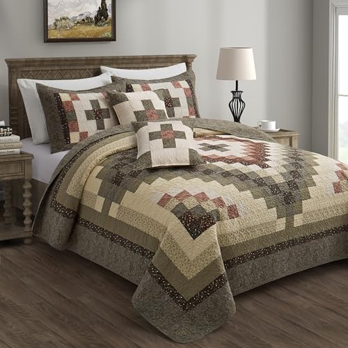 NELIFDER 5-Piece California King Quilt Set 118x102 Handmade Farmhouse Plaid Bedspread