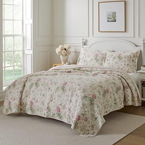 Laura Ashley Queen Quilt Set - Reversible Cotton Bedding with Shams
