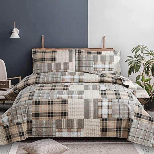 Green Essen King Size Plaid Quilt Set Brown Grey
