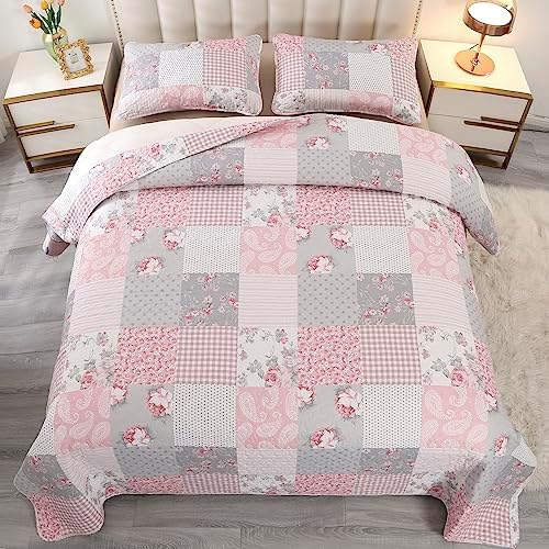 VIVILINEN King Size Reversible Quilt Set with Floral Patchwork