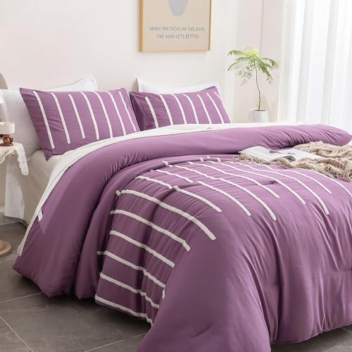 3Pcs Tufted Duvet Cover Set Purple Super King Comforter with Matching Pillows