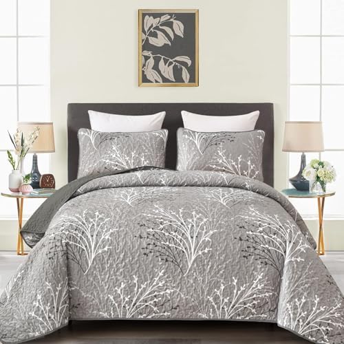 DJY Grey Botanical Quilt Set King Size 3-Piece