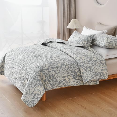 DURLENGEN Bluish Grey Botanical Quilt Set Queen 3Pcs