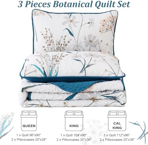 Dobuyly Teal Floral Queen Quilt 3-Piece Set