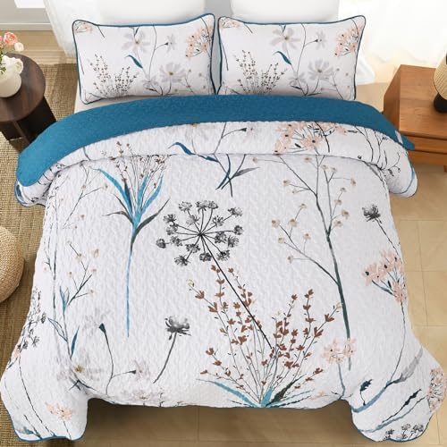 Dobuyly Teal Floral Queen Quilt 3-Piece Set