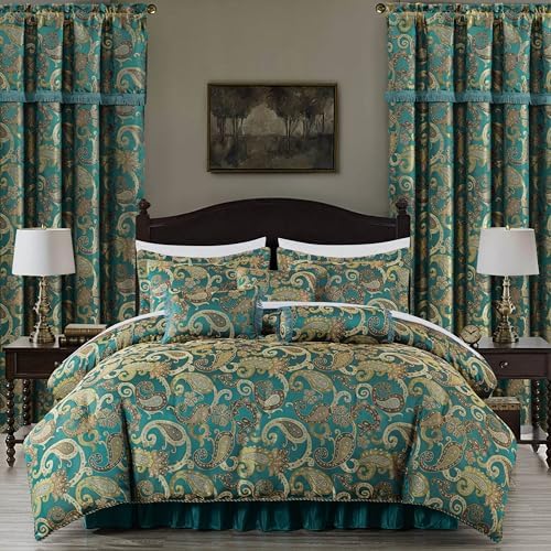 Chezmoi Adelle 7-Piece Paisley Comforter Set California King Teal 1
