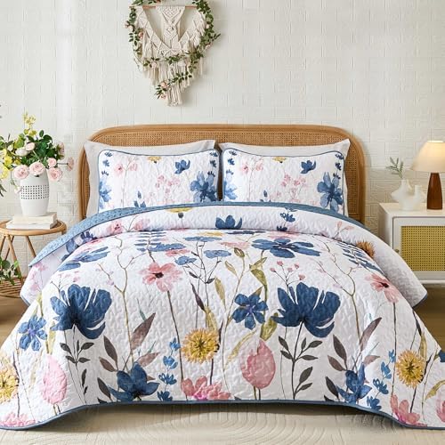 Anibedding Dark Blue Floral Quilt Set King