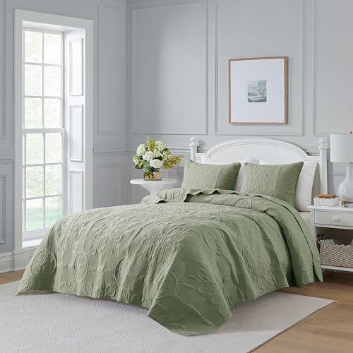 B2EVER Green Damask Queen Quilt Set with 2 Pillow Shams