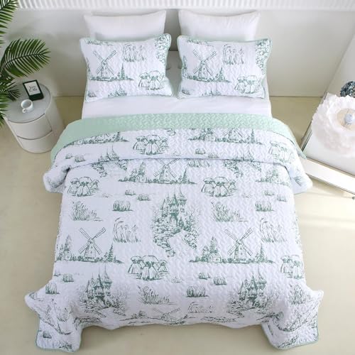 Sage Green Botanical Quilt Set King Size 3 Piece