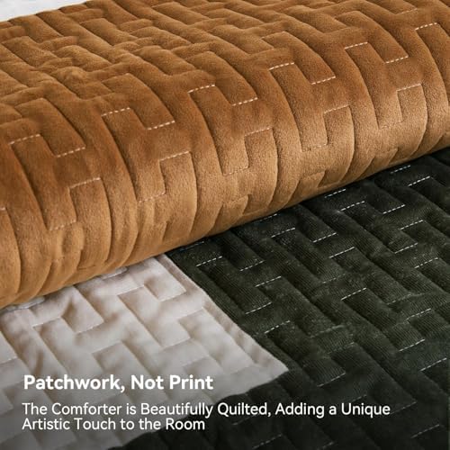 Grassix Velvet Queen Quilt Set - 90x96 Green Gold 3-Piece All Seasons
