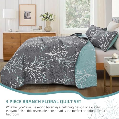DJY Queen Size Reversible Quilt Set Grey Blue