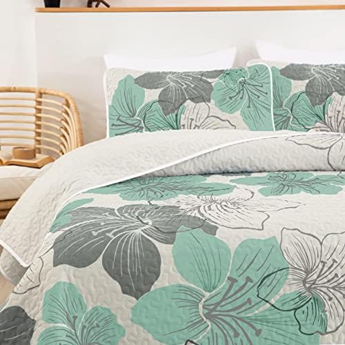 DJY 3 Piece Queen Quilt Set with Green Floral Pattern