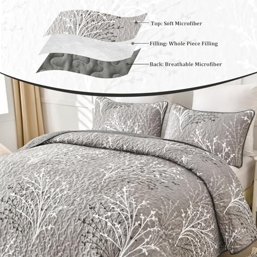 DJY Grey Botanical Quilt Set King Size 3-Piece