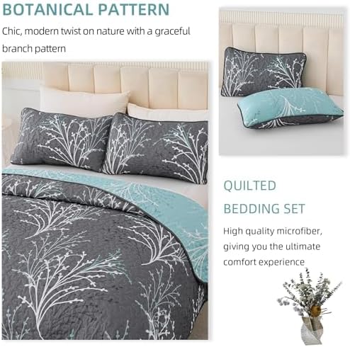 DJY Queen Size Reversible Quilt Set Grey Blue