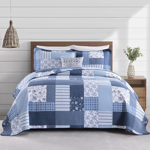 PANGUSHAN 100 Cotton King Quilt Set - Floral Patchwork 3pcs BlueWhite 1