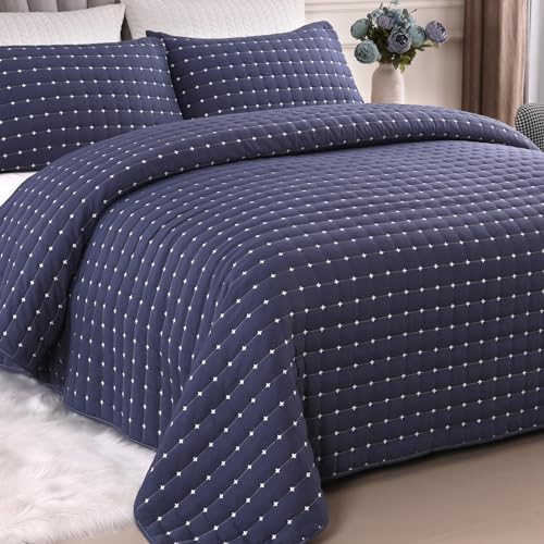 Qucover Cal King Quilt Set with Pillow Shams Navy Blue Cross Stitch Design