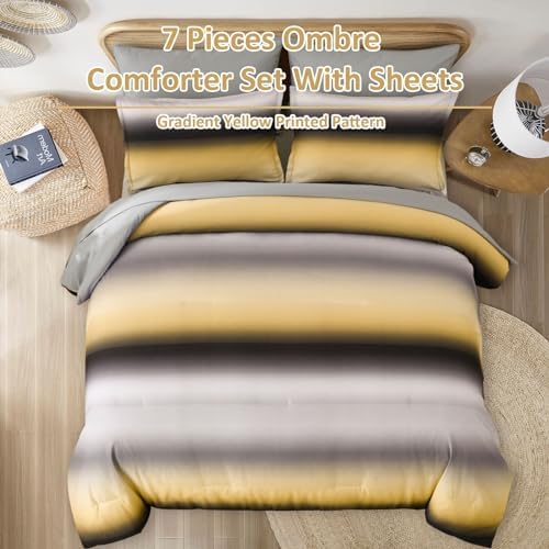 Dinjoy Boho Ombre Yellow Comforter Set 7 Piece Full Size