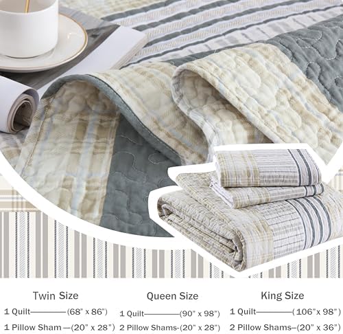 Homzard Cotton King Size Quilt Set - Beige Grey Plaid 3 Piece