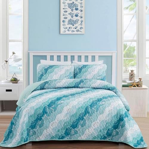 Dinjoy Coastal Blue Green King Size Quilt Set