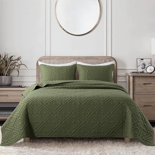 Olive Green Queen Quilt Set with Pillow Shams 3 Piece