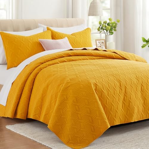 Lavsiry Mustard Yellow Quilt Set California King Size 3 Piece