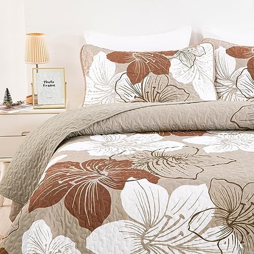 DJY 3 Piece King Taupe Floral Quilt Set