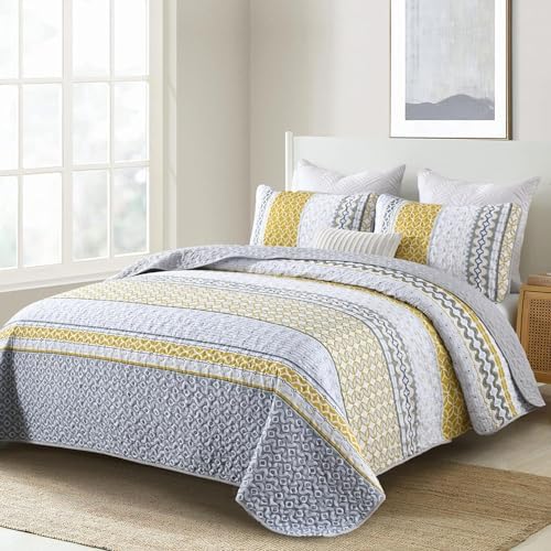 DJY Boho Yellow Grey Striped Quilt Set