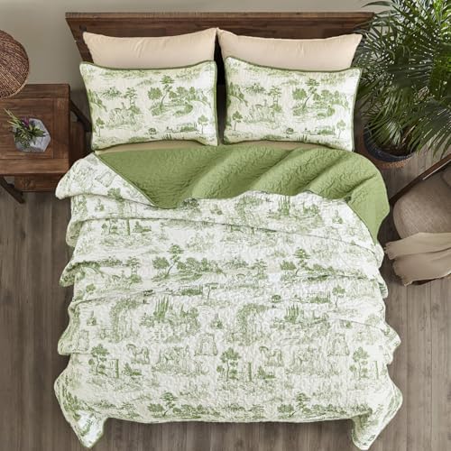 Drucon Sage Green Farmhouse Quilt Set King Size