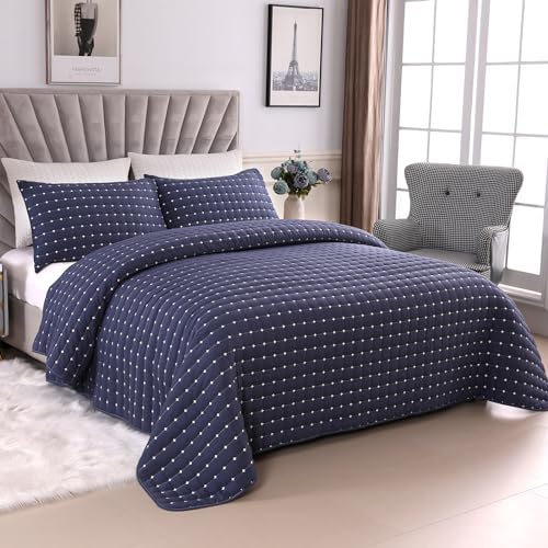Qucover Cal King Quilt Set with Pillow Shams Navy Blue Cross Stitch Design