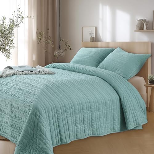 KASENTEX King Size Velvet Quilt Set 3 Pieces Lake Blue