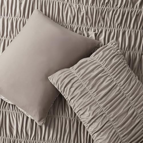Wonderful Ruched Velvet Quilt Set Queen Size Light Brown