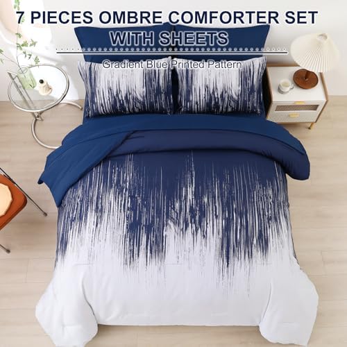 Dinjoy Ombre Navy Blue Comforter Set 7 Pieces