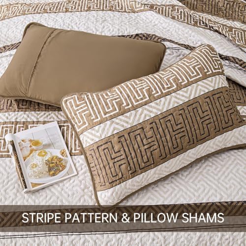 DJY Queen Size Brown Striped Quilt Set 3 Pcs