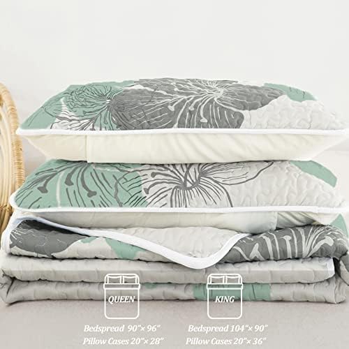 DJY 3 Piece Queen Quilt Set with Green Floral Pattern