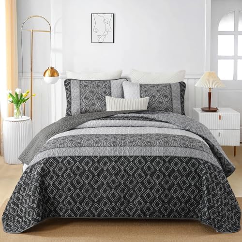 Cottolester Boho Quilt Set 3 Pieces Full Size Grey Striped Plaid