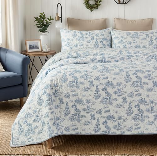 Brandream Cotton Toile Quilt Set 3-Piece Blue and White