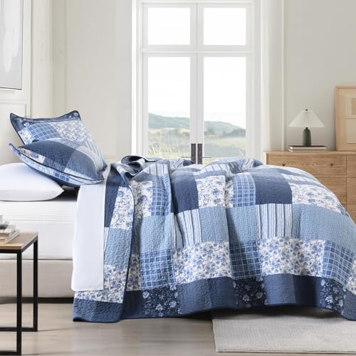 PANGUSHAN 100 Cotton King Quilt Set - Floral Patchwork 3pcs BlueWhite 1