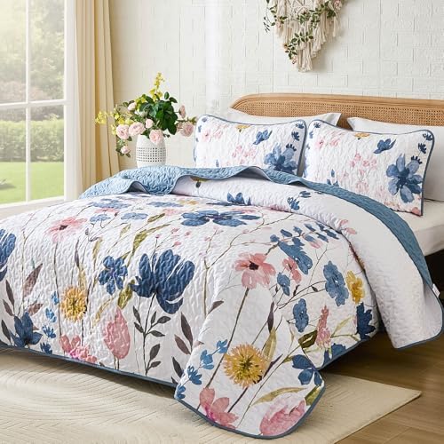 Anibedding Dark Blue Floral Quilt Set King