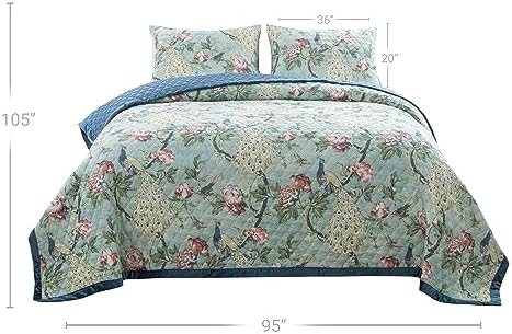 Benjara Eden 3 Piece King Quilt Set Peacock Print