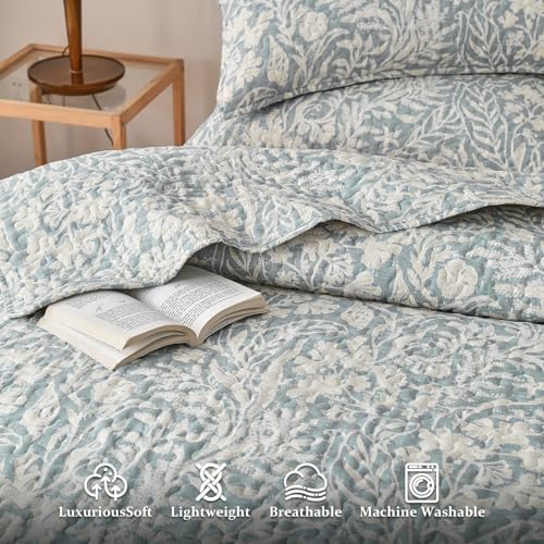 DURLENGEN Bluish Grey Botanical Quilt Set Queen 3Pcs