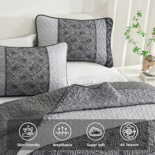 Cottolester Boho Quilt Set 3 Pieces Full Size Grey Striped Plaid