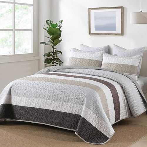 Boho Quilt Set Full Size 3 Pieces Grey Striped Bedding