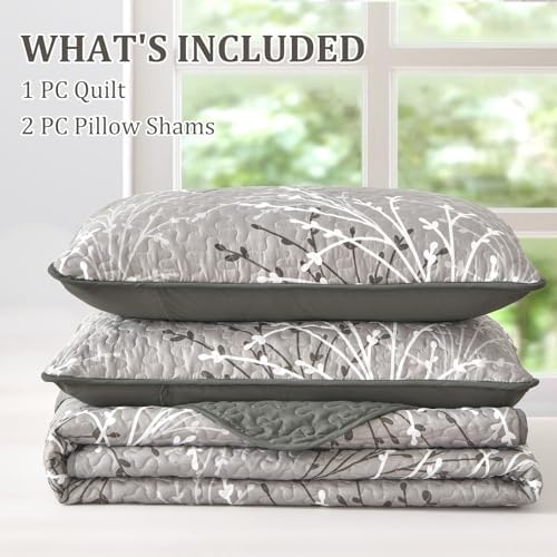 Grey Floral Quilt Set 3 Piece Full Size Bedding Cover