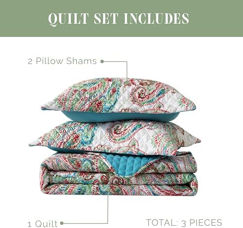 Elegant Comfort Reversible Paisley Quilt Set - Queen Turquoise