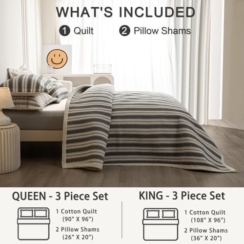 Cotton Striped Quilt Set 3 Piece King Size Reversible